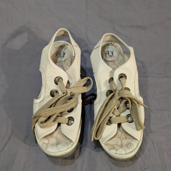 Fly London Cream Lace Up Peep Toe Chunky Heel Sandals Women Size 39 - Picture 1 of 7